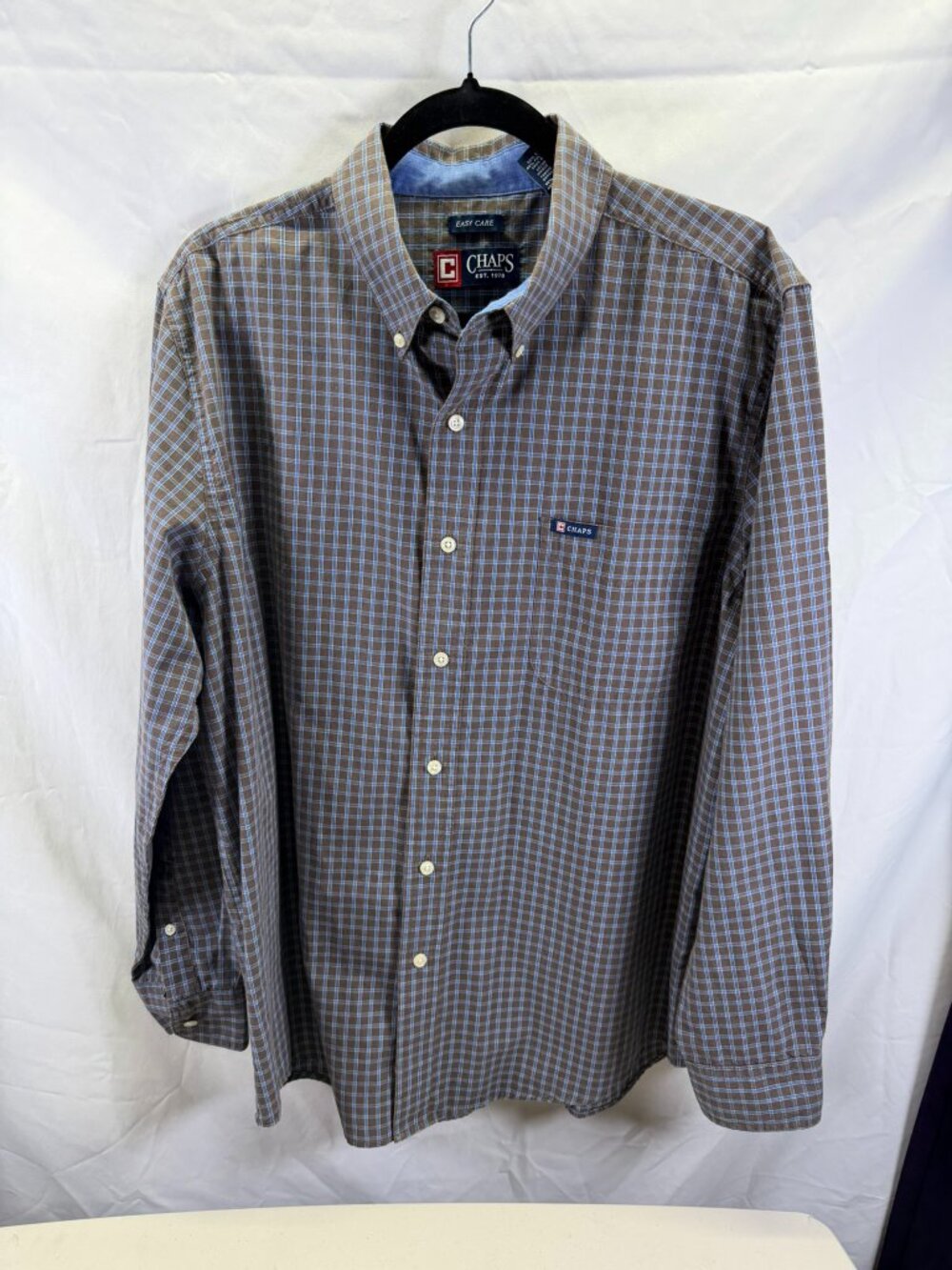 Chaps Mens Large Shirt Brown/Blue Plaid Check Long Sleeve Button-Down Easy Care